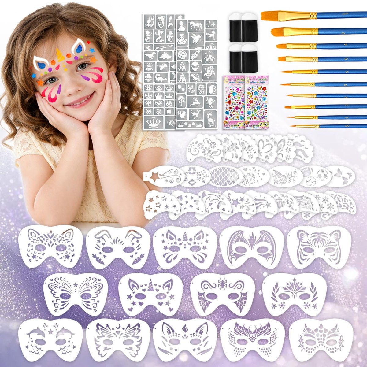 58 Pieces Face Paint Stencils and Brushes Kit – 36 Reusable Stencils, 10 Brushes, Tattoo Stickers, Gems & Sponges for Party Festival Makeup Avelisse
