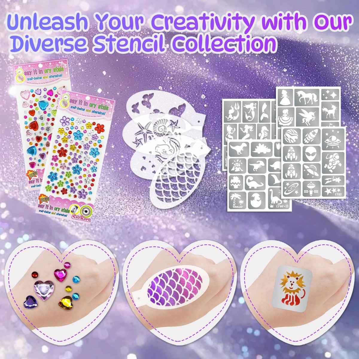58 Pieces Face Paint Stencils and Brushes Kit – 36 Reusable Stencils, 10 Brushes, Tattoo Stickers, Gems & Sponges for Party Festival Makeup Avelisse