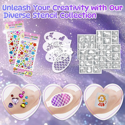 58 Pieces Face Paint Stencils and Brushes Kit – 36 Reusable Stencils, 10 Brushes, Tattoo Stickers, Gems & Sponges for Party Festival Makeup Avelisse