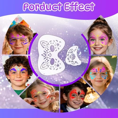 58 Pieces Face Paint Stencils and Brushes Kit – 36 Reusable Stencils, 10 Brushes, Tattoo Stickers, Gems & Sponges for Party Festival Makeup Avelisse