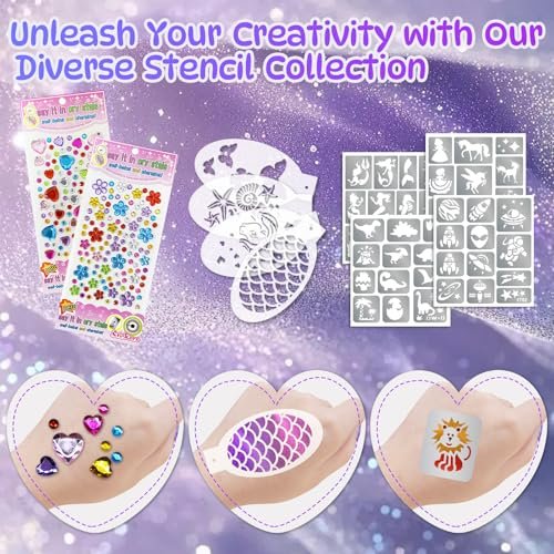 58 Pieces Face Paint Stencils and Brushes Kit – 36 Reusable Stencils, 10 Brushes, Tattoo Stickers, Gems & Sponges for Party Festival Makeup Avelisse