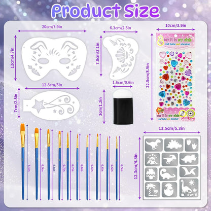 58 Pieces Face Paint Stencils and Brushes Kit – 36 Reusable Stencils, 10 Brushes, Tattoo Stickers, Gems & Sponges for Party Festival Makeup Avelisse