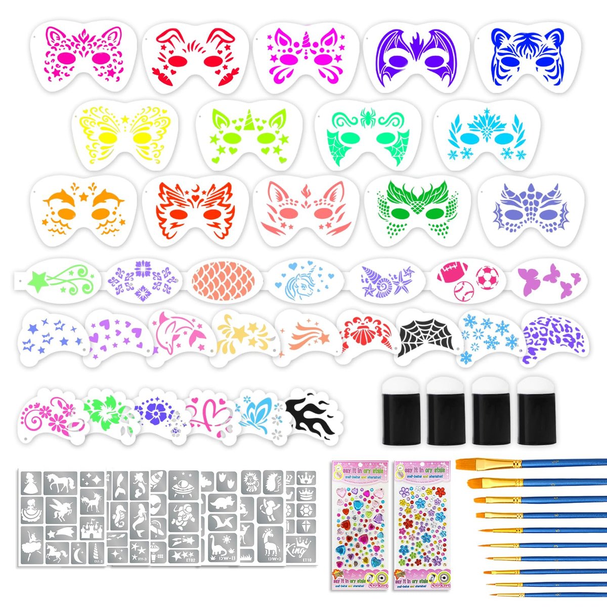 58 Pieces Face Paint Stencils and Brushes Kit – 36 Reusable Stencils, 10 Brushes, Tattoo Stickers, Gems & Sponges for Party Festival Makeup Avelisse