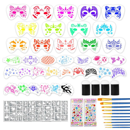 58 Pieces Face Paint Stencils and Brushes Kit – 36 Reusable Stencils, 10 Brushes, Tattoo Stickers, Gems & Sponges for Party Festival Makeup Avelisse