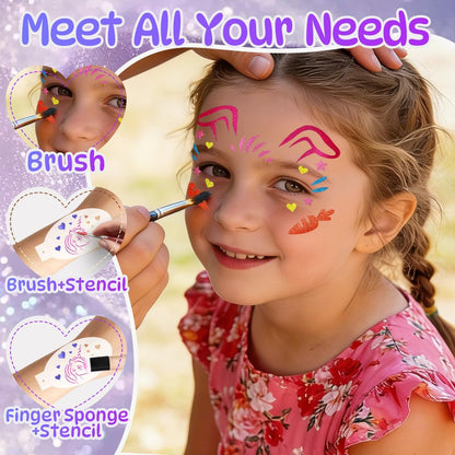 58 Pieces Face Paint Stencils and Brushes Kit – 36 Reusable Stencils, 10 Brushes, Tattoo Stickers, Gems & Sponges for Party Festival Makeup Avelisse