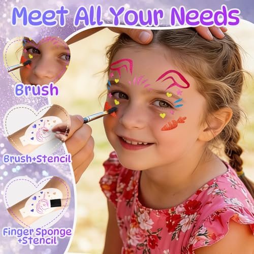 58 Pieces Face Paint Stencils and Brushes Kit – 36 Reusable Stencils, 10 Brushes, Tattoo Stickers, Gems & Sponges for Party Festival Makeup Avelisse