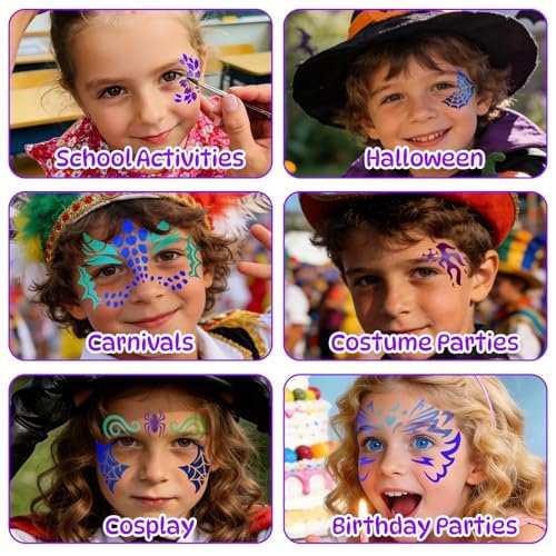 58 Pieces Face Paint Stencils and Brushes Kit – 36 Reusable Stencils, 10 Brushes, Tattoo Stickers, Gems & Sponges for Party Festival Makeup Avelisse