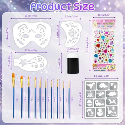 58 Pieces Face Paint Stencils and Brushes Kit – 36 Reusable Stencils, 10 Brushes, Tattoo Stickers, Gems & Sponges for Party Festival Makeup Avelisse