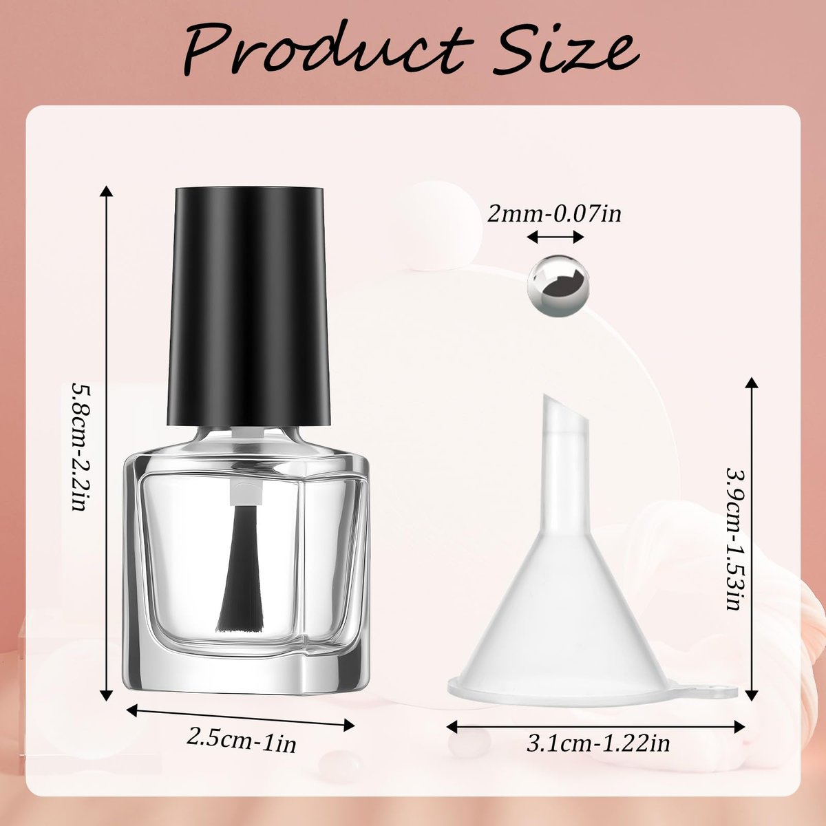 Qulkws 2 Pcs Empty Nail Polish Bottles with Brush – 5ML Glass Square Bottles with Cap, Funnel & Mixing Balls for Nail Art Samples & DIY - görsel 5