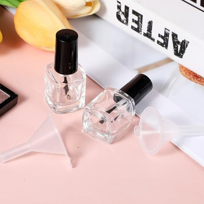 Qulkws 2 Pcs Empty Nail Polish Bottles with Brush – 5ML Glass Square Bottles with Cap, Funnel & Mixing Balls for Nail Art Samples & DIY