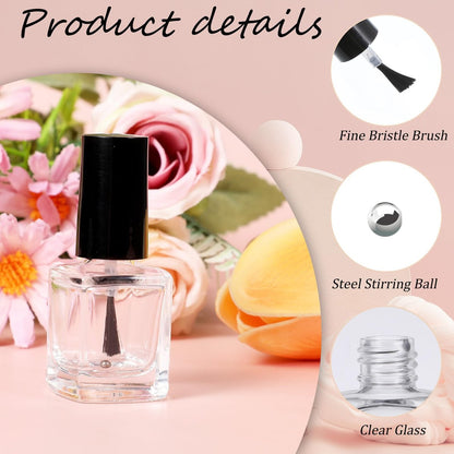 Qulkws 2 Pcs Empty Nail Polish Bottles with Brush – 5ML Glass Square Bottles with Cap, Funnel & Mixing Balls for Nail Art Samples & DIY