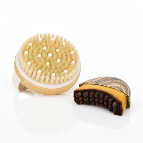 Wendmart 2 in 1 Dry Brushing Body & Face Contour Brush Set – Natural Boar Bristle Body Brush for Lymphatic Drainage, Cellulite & Exfoliation + Soft Facial Brush for Jawline Sculpting & Puffiness Avelisse