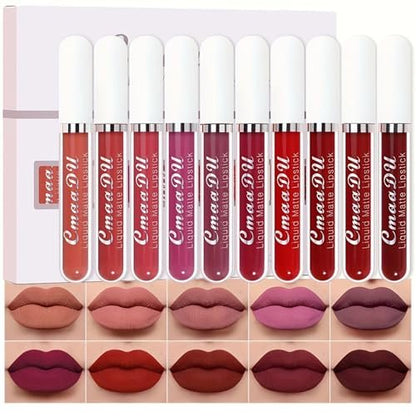 MooGlamor 10 Pcs Matte Liquid Lipsticks Set - Waterproof & Long Lasting Lip Gloss Kit for Women