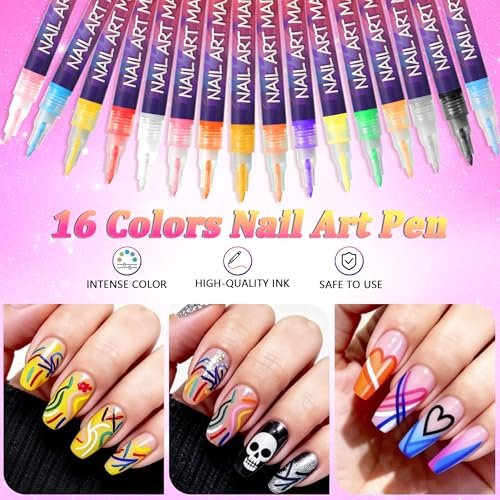16 Colors Nail Art Pens Set - Fine Tip Nail Polish Markers, Quick Dry DIY Manicure Kit for Home Salon, Professional Nail Art Tools for Beginners & Adults Avelisse