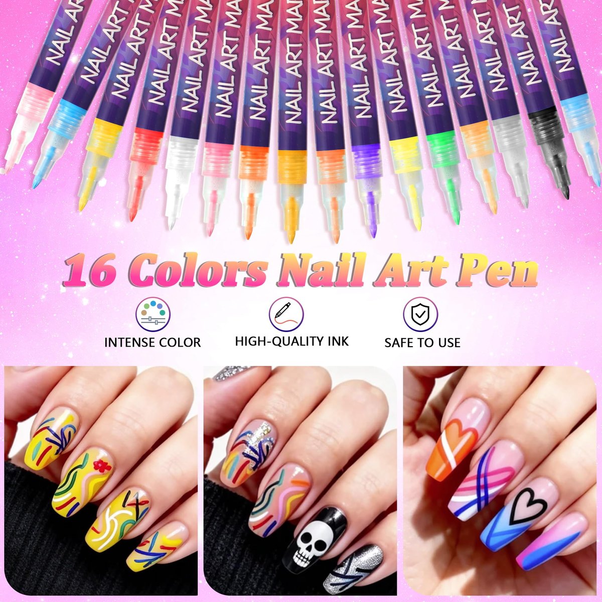 16 Colors Nail Art Pens Set - Fine Tip Nail Polish Markers, Quick Dry DIY Manicure Kit for Home Salon, Professional Nail Art Tools for Beginners & Adults Avelisse