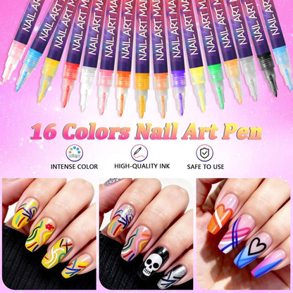 16 Colors Nail Art Pens Set - Fine Tip Nail Polish Markers, Quick Dry DIY Manicure Kit for Home Salon, Professional Nail Art Tools for Beginners & Adults Avelisse