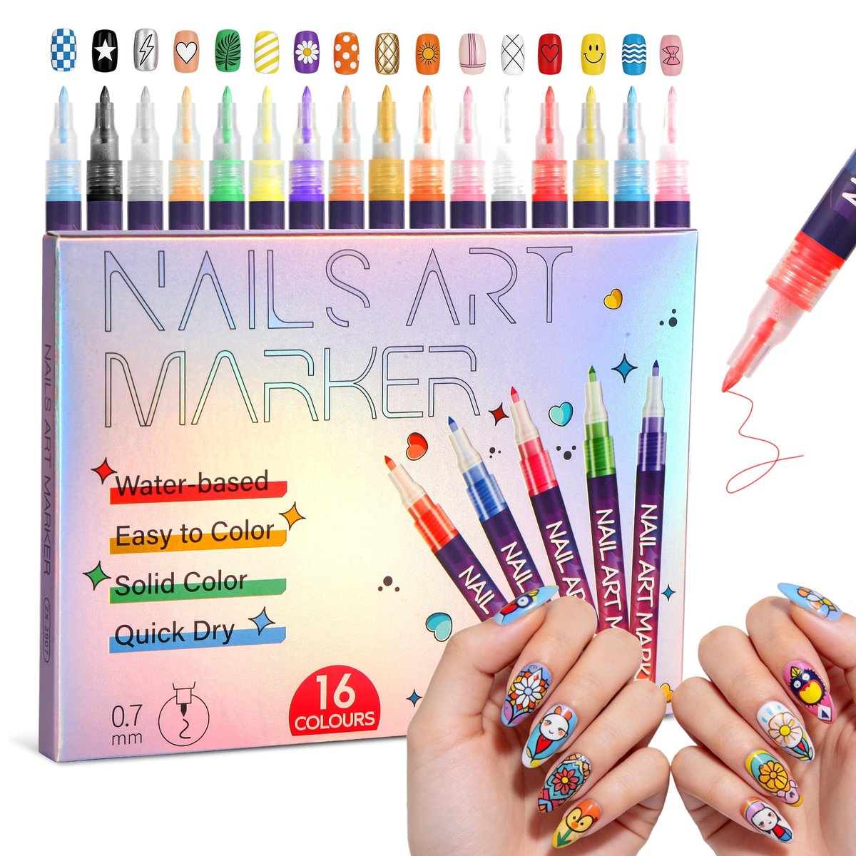 16 Colors Nail Art Pens Set - Fine Tip Nail Polish Markers, Quick Dry DIY Manicure Kit for Home Salon, Professional Nail Art Tools for Beginners & Adults Avelisse