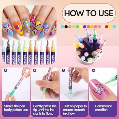 16 Colors Nail Art Pens Set - Fine Tip Nail Polish Markers, Quick Dry DIY Manicure Kit for Home Salon, Professional Nail Art Tools for Beginners & Adults Avelisse