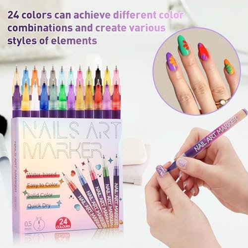 BONTOP 24 Color Nail Art Pens - DIY Nail Art Markers, Waterproof & Quick-Drying Acrylic Drawing Pens for Graffiti, Dotting, and Liner Designs Avelisse