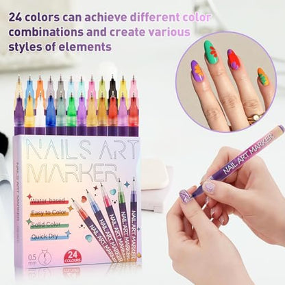 BONTOP 24 Color Nail Art Pens - DIY Nail Art Markers, Waterproof & Quick-Drying Acrylic Drawing Pens for Graffiti, Dotting, and Liner Designs Avelisse