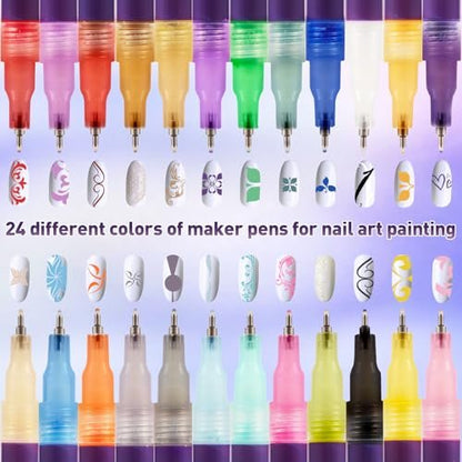 BONTOP 24 Color Nail Art Pens - DIY Nail Art Markers, Waterproof & Quick-Drying Acrylic Drawing Pens for Graffiti, Dotting, and Liner Designs Avelisse