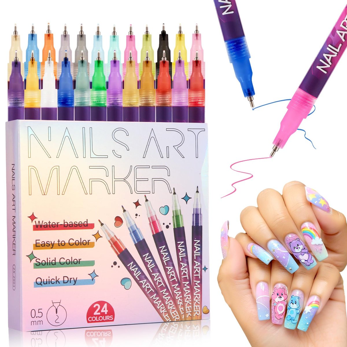 BONTOP 24 Color Nail Art Pens - DIY Nail Art Markers, Waterproof & Quick-Drying Acrylic Drawing Pens for Graffiti, Dotting, and Liner Designs Avelisse