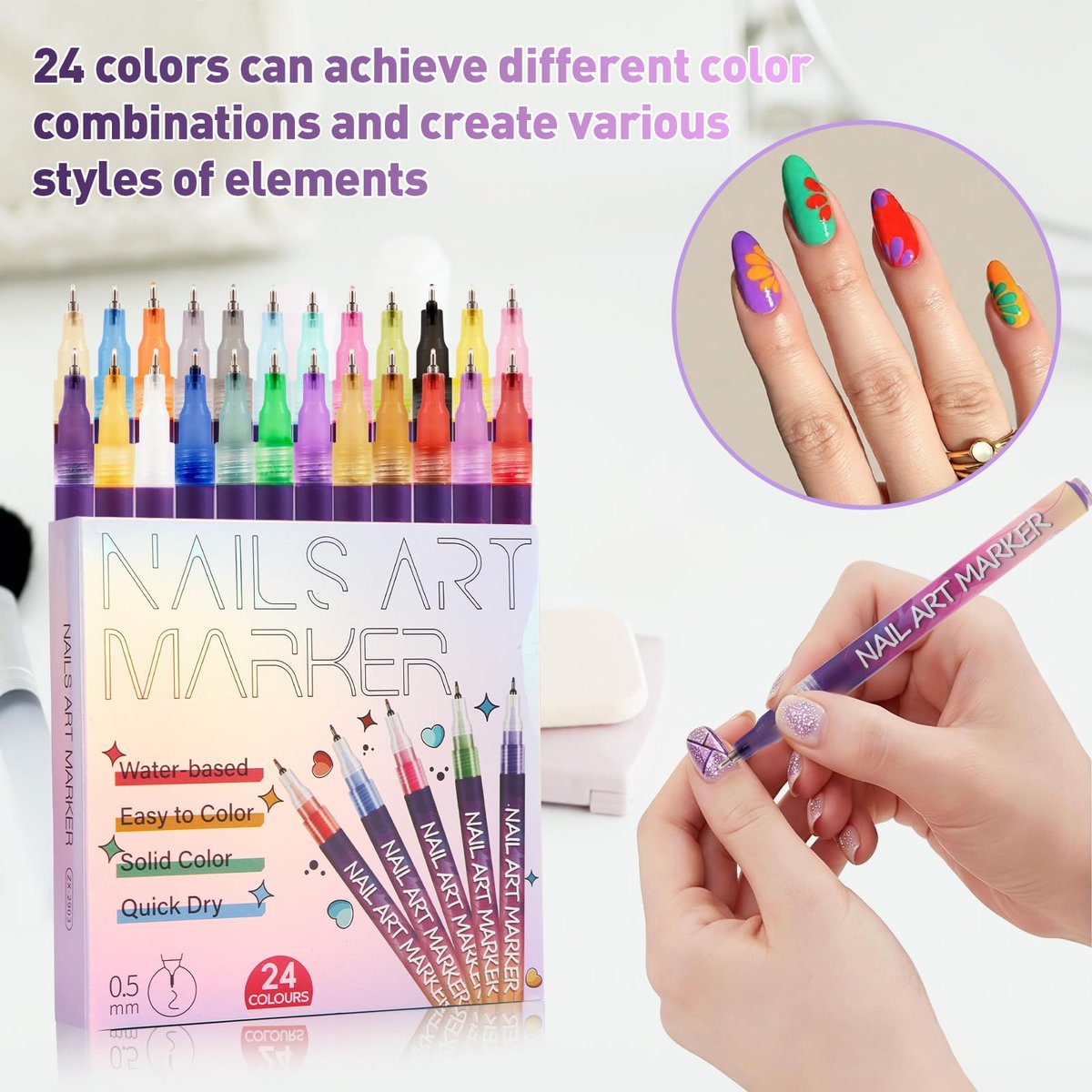 BONTOP 24 Color Nail Art Pens - DIY Nail Art Markers, Waterproof & Quick-Drying Acrylic Drawing Pens for Graffiti, Dotting, and Liner Designs Avelisse