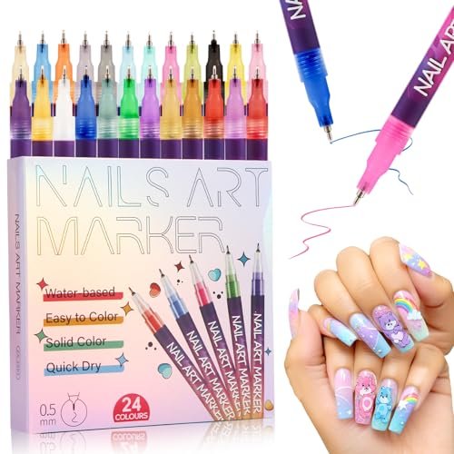 BONTOP 24 Color Nail Art Pens - DIY Nail Art Markers, Waterproof & Quick-Drying Acrylic Drawing Pens for Graffiti, Dotting, and Liner Designs Avelisse