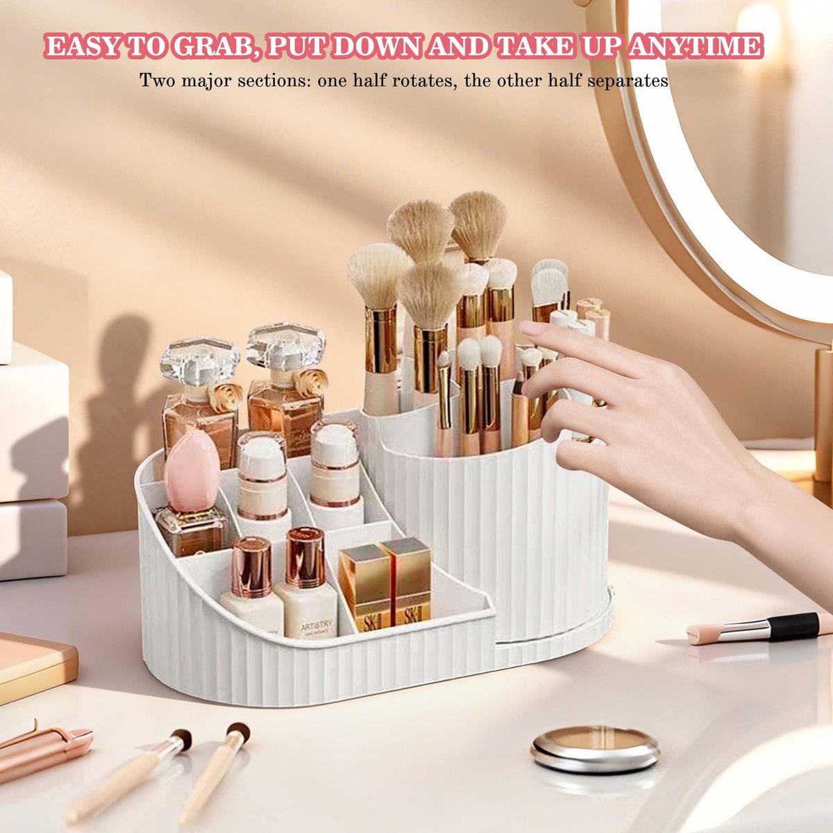 Rotating Makeup Organizer with Brush Holder – White Vanity Cosmetic Storage for Dresser & Bathroom Countertop - görsel 14