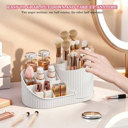 Rotating Makeup Organizer with Brush Holder – White Vanity Cosmetic Storage for Dresser & Bathroom Countertop