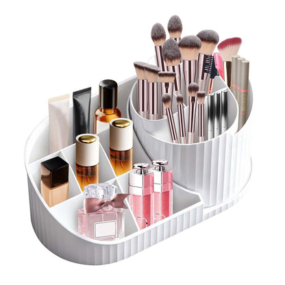 Rotating Makeup Organizer with Brush Holder – White Vanity Cosmetic Storage for Dresser & Bathroom Countertop