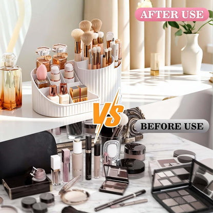 Rotating Makeup Organizer with Brush Holder – White Vanity Cosmetic Storage for Dresser & Bathroom Countertop