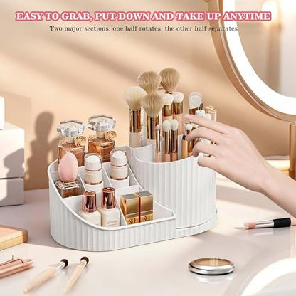 Rotating Makeup Organizer with Brush Holder – White Vanity Cosmetic Storage for Dresser & Bathroom Countertop