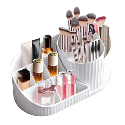 Rotating Makeup Organizer with Brush Holder – White Vanity Cosmetic Storage for Dresser & Bathroom Countertop