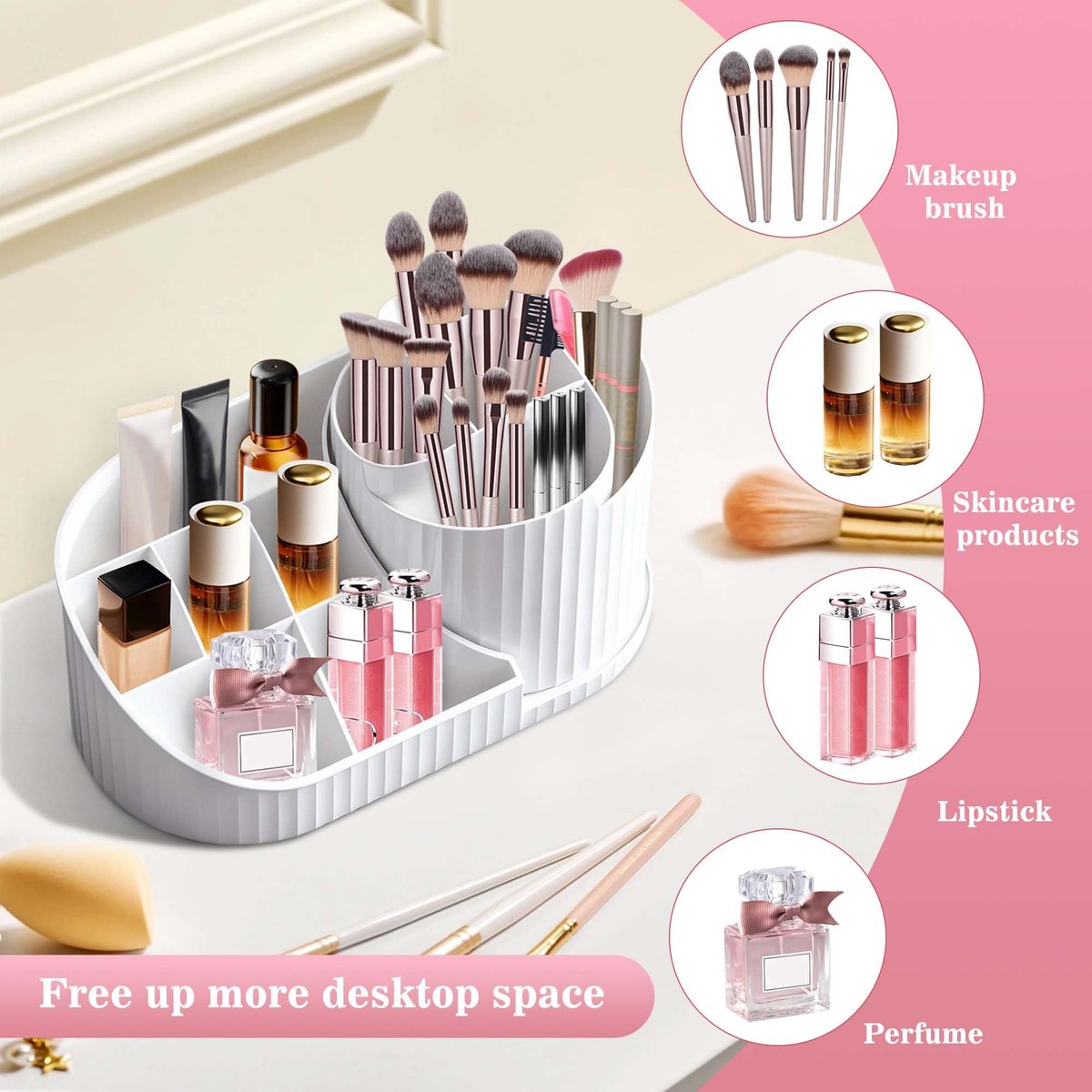 Rotating Makeup Organizer with Brush Holder – White Vanity Cosmetic Storage for Dresser & Bathroom Countertop - görsel 6