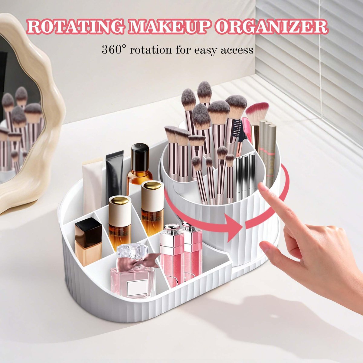 Rotating Makeup Organizer with Brush Holder – White Vanity Cosmetic Storage for Dresser & Bathroom Countertop - görsel 10