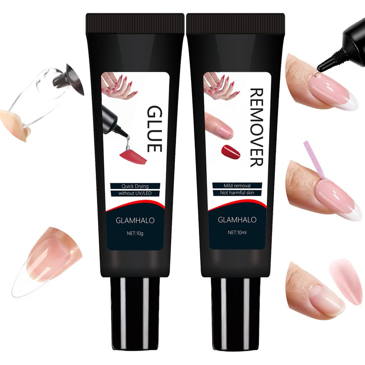 Glamhalo Quick Dry Semi Solid Nail Glue Gel 10g with 10ml Remover - Super Strong, No UV Lamp, Long Lasting for Press On & Fake Acrylic Nails - görsel 1