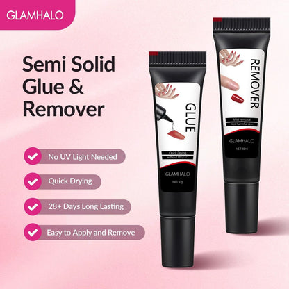 Glamhalo Quick Dry Semi Solid Nail Glue Gel 10g with 10ml Remover - Super Strong, No UV Lamp, Long Lasting for Press On & Fake Acrylic Nails