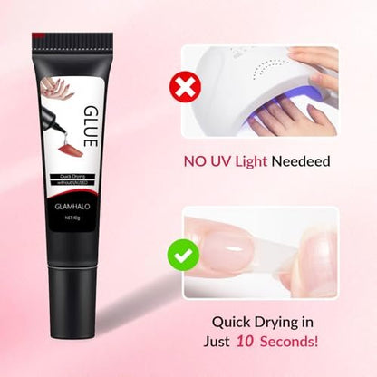 Glamhalo Quick Dry Semi Solid Nail Glue Gel 10g with 10ml Remover - Super Strong, No UV Lamp, Long Lasting for Press On & Fake Acrylic Nails