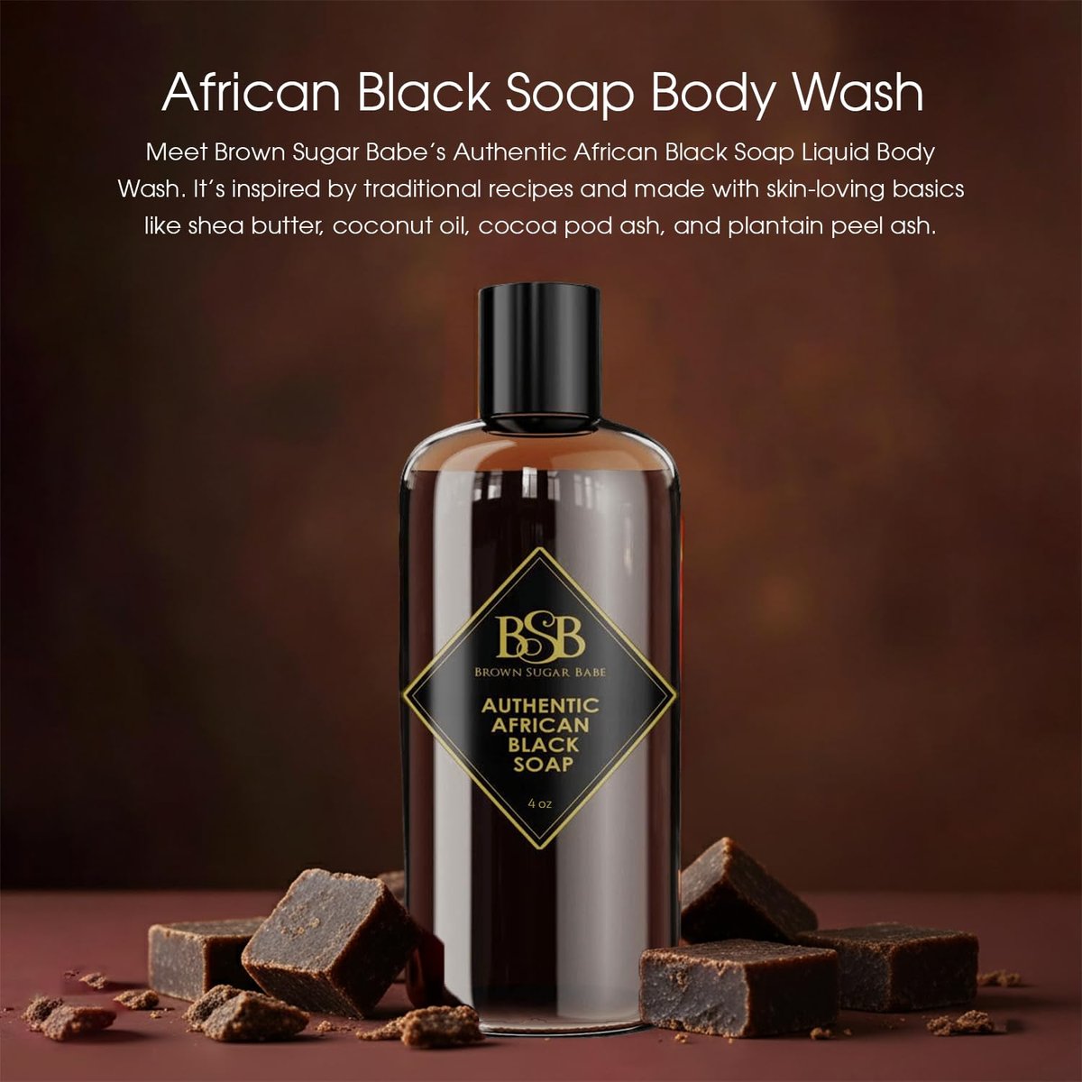 Brown Sugar Babe African Black Soap Body Wash - Authentic African Formula with Shea Butter, Hydrating & Nourishing Liquid Soap for Face and Body - Ideal Moisturizing Wash for Men and Women (4 Fl Oz) Avelisse