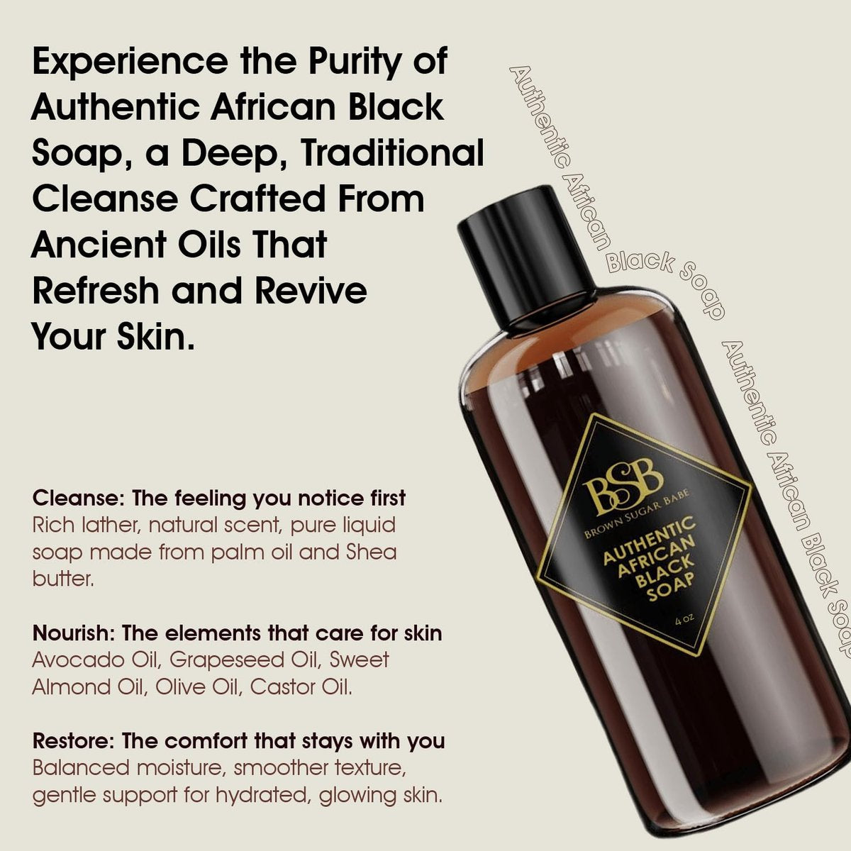 Brown Sugar Babe African Black Soap Body Wash - Authentic African Formula with Shea Butter, Hydrating & Nourishing Liquid Soap for Face and Body - Ideal Moisturizing Wash for Men and Women (4 Fl Oz) Avelisse
