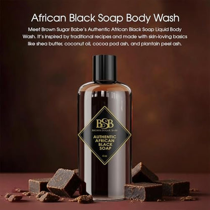 Brown Sugar Babe African Black Soap Body Wash - Authentic African Formula with Shea Butter, Hydrating & Nourishing Liquid Soap for Face and Body - Ideal Moisturizing Wash for Men and Women (4 Fl Oz) Avelisse