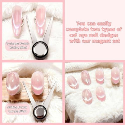 2 in 1 French Cat Eye Magnet Set - Double Head Scissor Magnet Tool for Cat Eye Gel Polish, Wand with Round Nail Magnet Beads, Manicure Art DIY for Home & Salon Use, Beginner Friendly