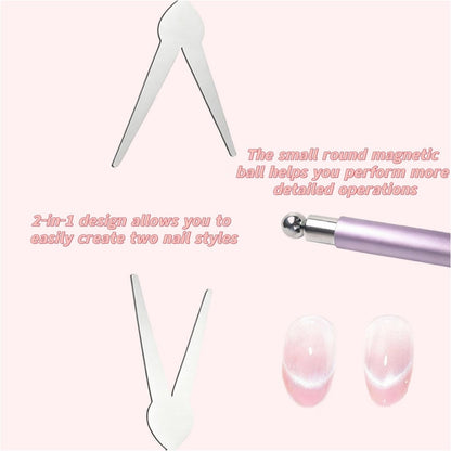 2 in 1 French Cat Eye Magnet Set - Double Head Scissor Magnet Tool for Cat Eye Gel Polish, Wand with Round Nail Magnet Beads, Manicure Art DIY for Home & Salon Use, Beginner Friendly