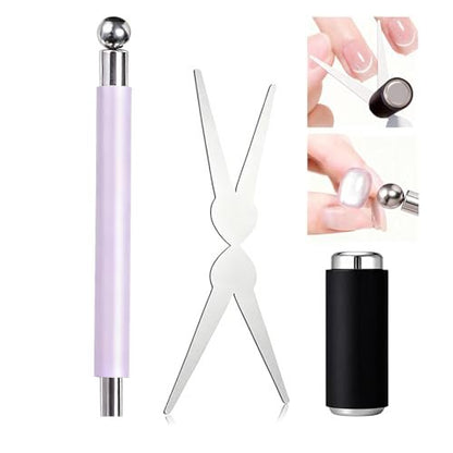 2 in 1 French Cat Eye Magnet Set - Double Head Scissor Magnet Tool for Cat Eye Gel Polish, Wand with Round Nail Magnet Beads, Manicure Art DIY for Home & Salon Use, Beginner Friendly