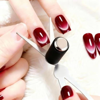 2 in 1 French Cat Eye Magnet Set - Double Head Scissor Magnet Tool for Cat Eye Gel Polish, Wand with Round Nail Magnet Beads, Manicure Art DIY for Home & Salon Use, Beginner Friendly