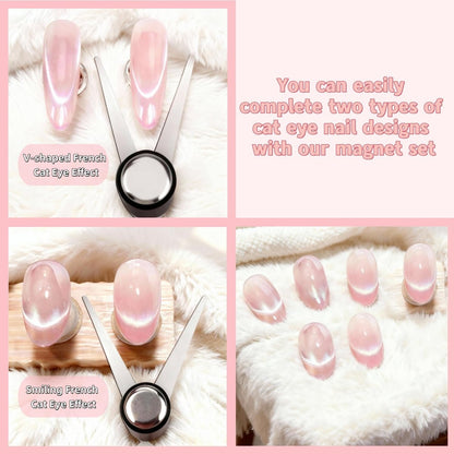 2 in 1 French Cat Eye Magnet Set - Double Head Scissor Magnet Tool for Cat Eye Gel Polish, Wand with Round Nail Magnet Beads, Manicure Art DIY for Home & Salon Use, Beginner Friendly