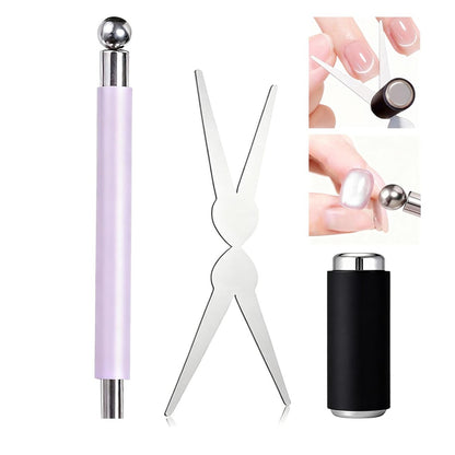 2 in 1 French Cat Eye Magnet Set - Double Head Scissor Magnet Tool for Cat Eye Gel Polish, Wand with Round Nail Magnet Beads, Manicure Art DIY for Home & Salon Use, Beginner Friendly
