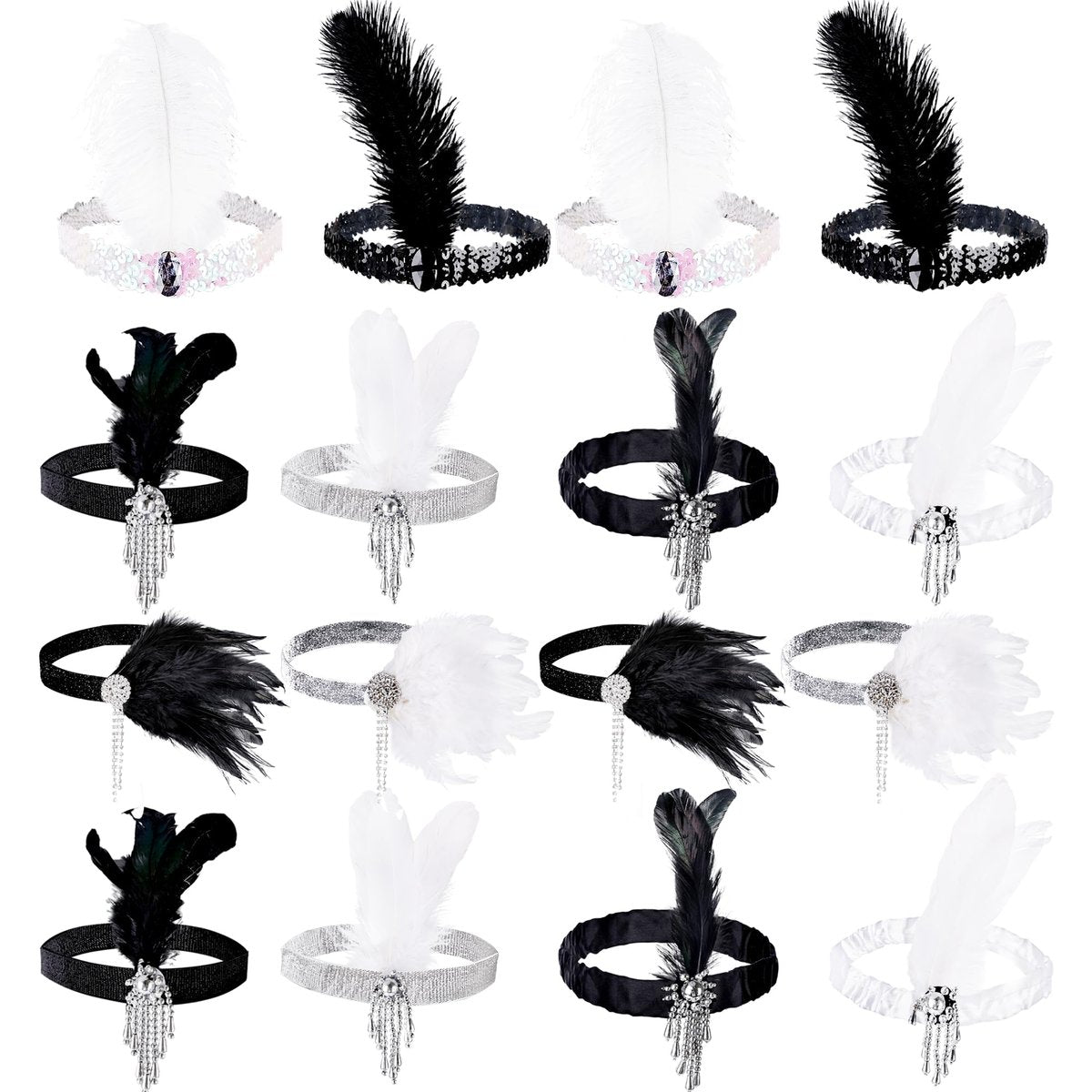 Flotory 16-Piece 1920s Flapper Headbands - Black and White Sequin Headpiece for Roaring 20s Theme Party Hair Accessories - görsel 1