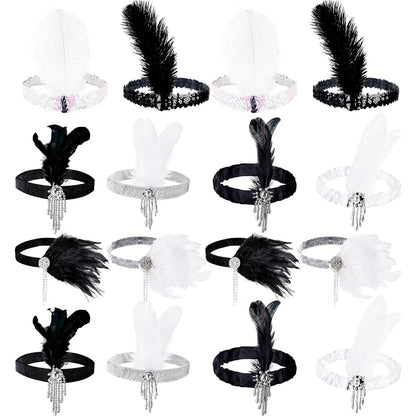 Flotory 16-Piece 1920s Flapper Headbands - Black and White Sequin Headpiece for Roaring 20s Theme Party Hair Accessories